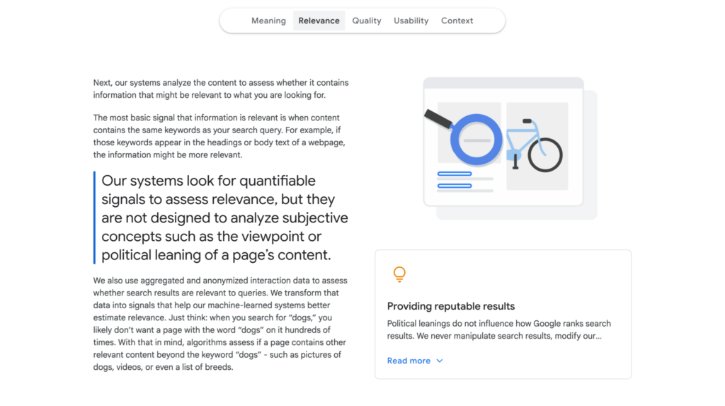 Google's note on content relevance
