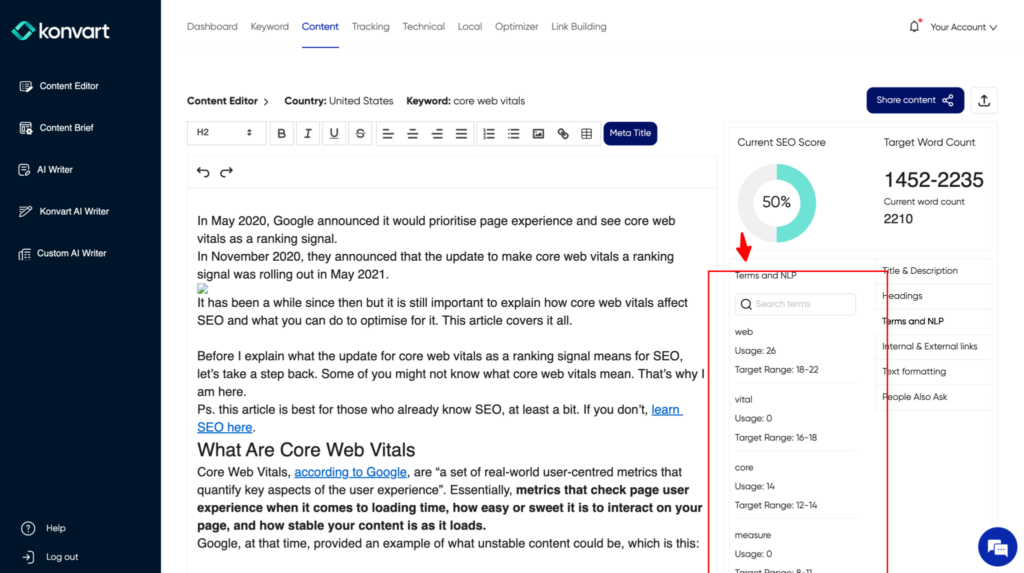 SEO content editor Konvart