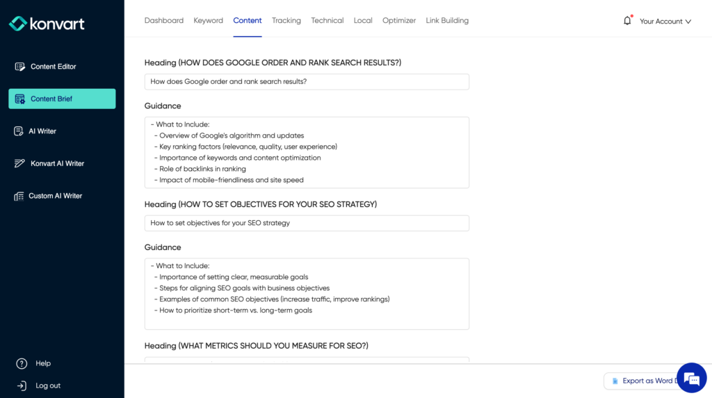 heading suggestions from Konvart's content brief