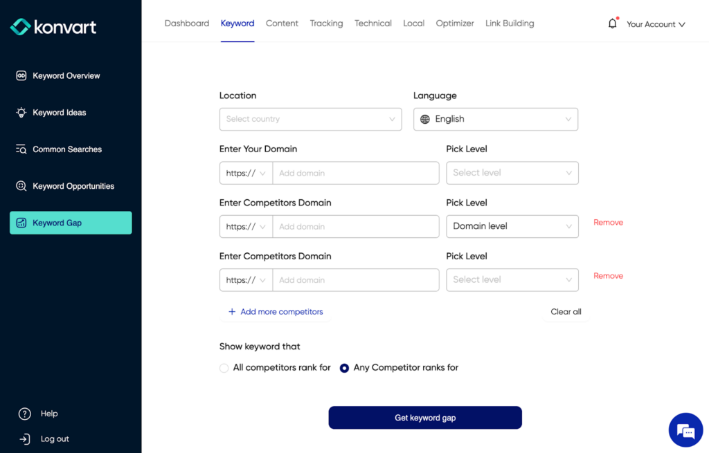 keyword gap tool in Konvart