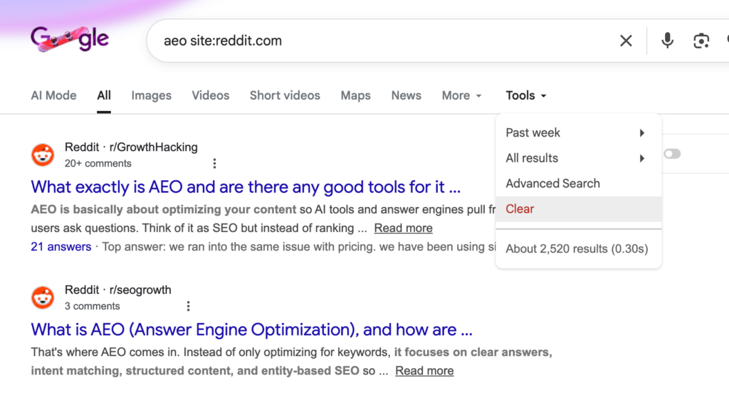 AEO search with Reddit from Google Search