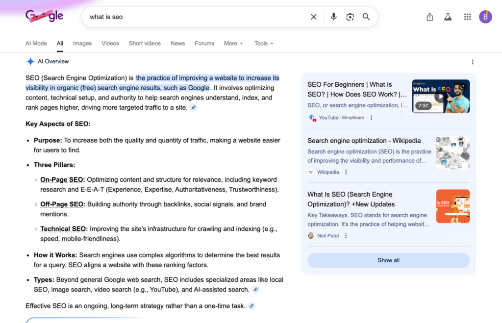 AI overview result for what is SEO