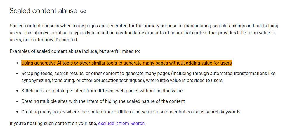Google spam policy on scaled content abuse listing generative AI as an example