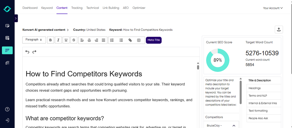 Konvart AI Writer generating an SEO-optimized draft based on top-ranking search results