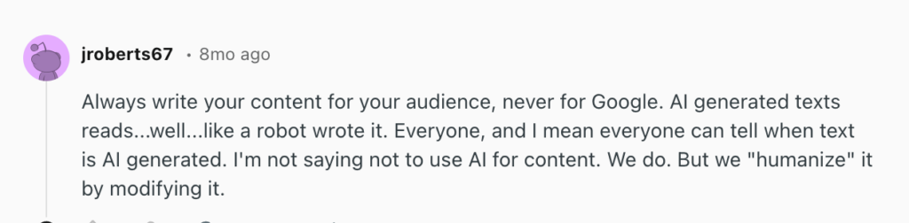 comment on Reddit about AI-generated content