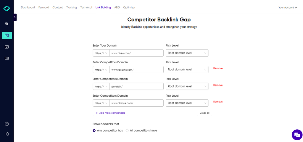 Konvart Backlink Gap Analysis setup comparing a skincare website with three competitors
