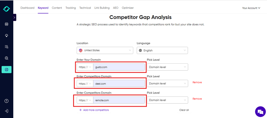 Konvart Competitor Keyword Gap setup with an HR software domain and competitors selected