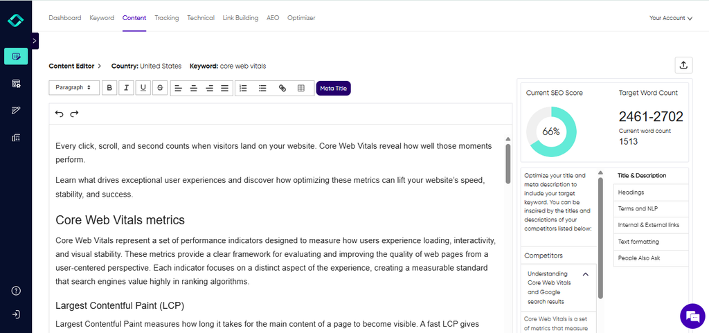 Content editor showing a draft page with its SEO score, word count, and title guidance based on top-ranking competitors