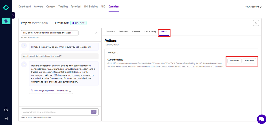 Konvart Optimizer Actions tab, showing a suggested change