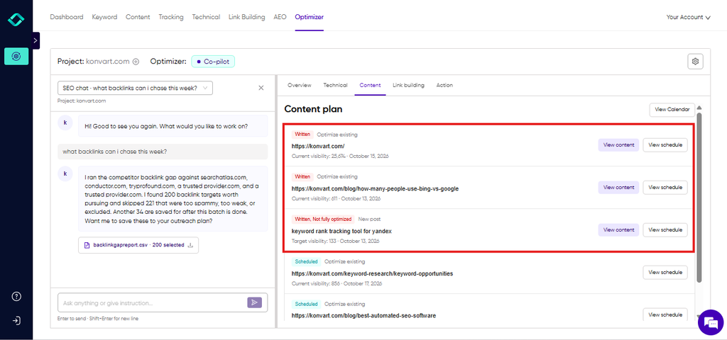 Optimizer content queue showing planned pages and drafted pitches ready for review
