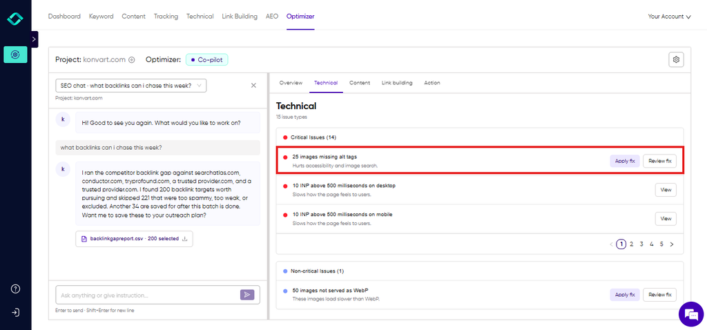 Optimizer Actions tab showing a prepared technical fix with preview and Apply options awaiting approval