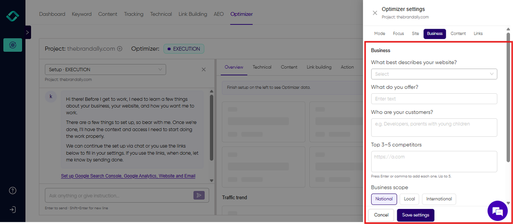 Konvart Optimizer setup chat asking which website to optimize and collecting competitors, location, and operating mode
