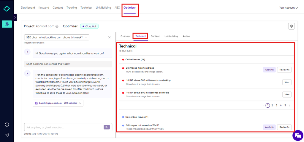 Technical audit results for konvart listing site issues grouped by type, with the affected URLs for each