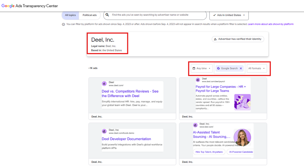 Google Ads Transparency Center showing an HRTech company's Google Search ads with platform filter applied