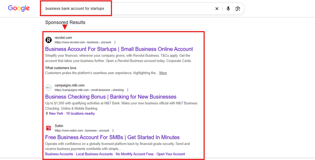 google's serp sponsored result for business bank account for startups