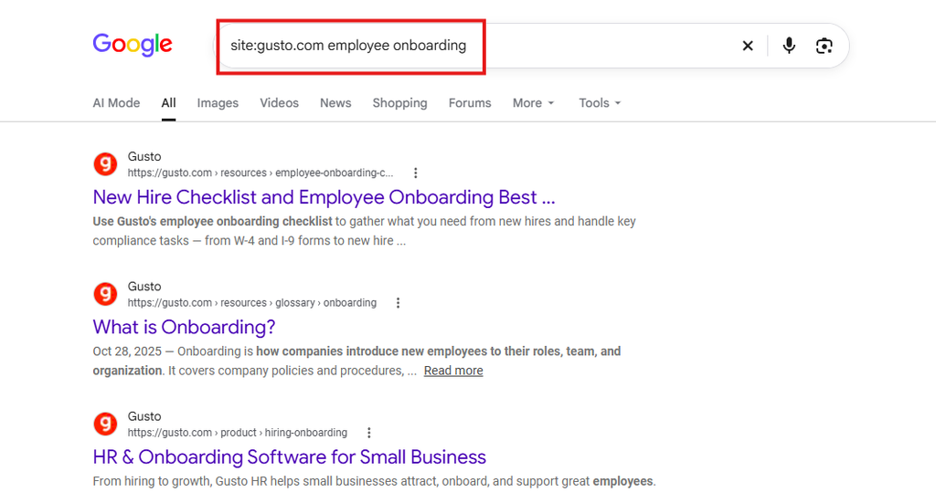 Google site search showing gusto's pages about employee onboarding