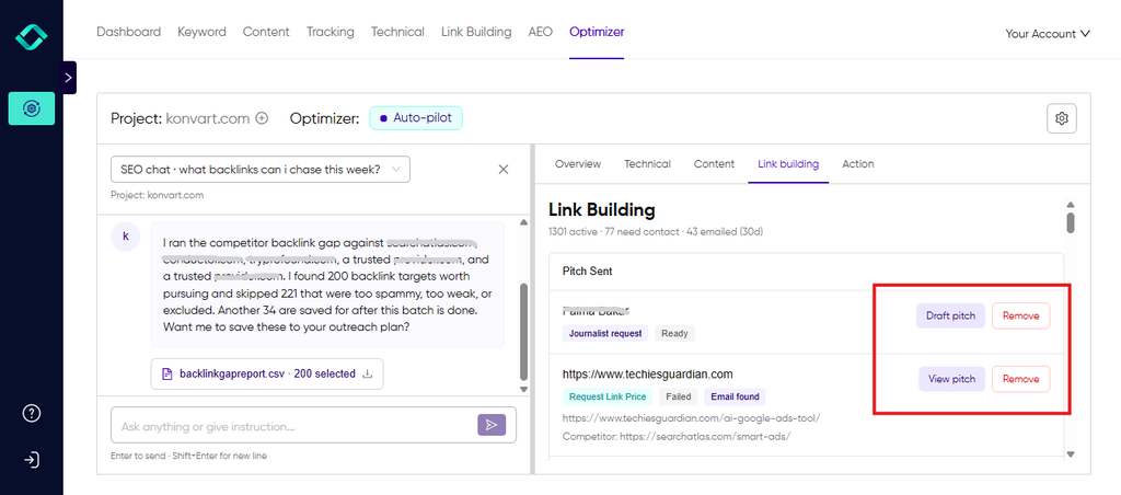 Konvart backlink gap tool sending link prospects to outreach with contact details and AI-drafted pitches